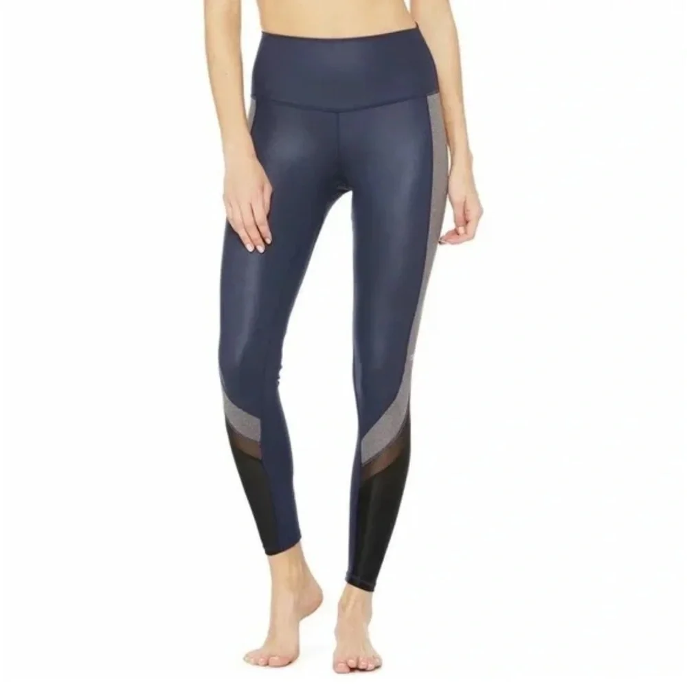 ALO Yoga Elevate Hi-Rise Leggings Navy Gray Mesh Colorblock Size XS GUC